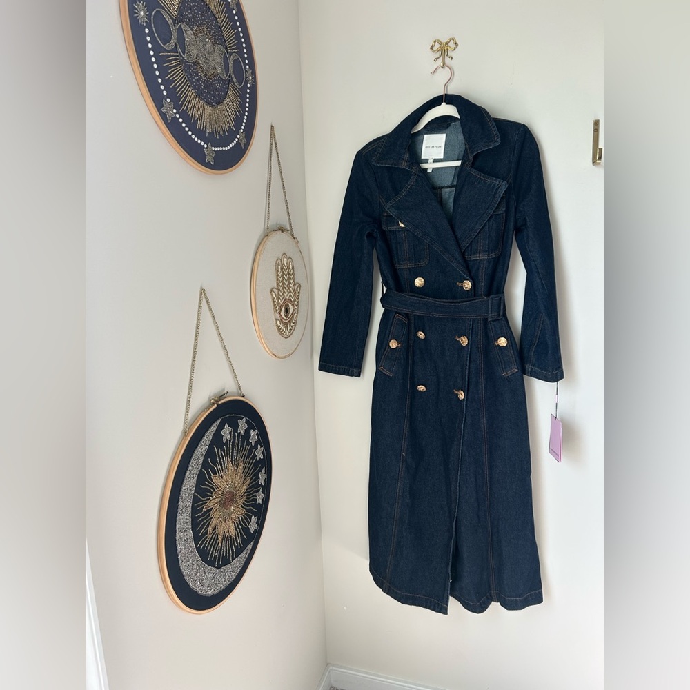 Avec Les Filles Dark Denim maxi Trench Jacket with Gold Button Accents